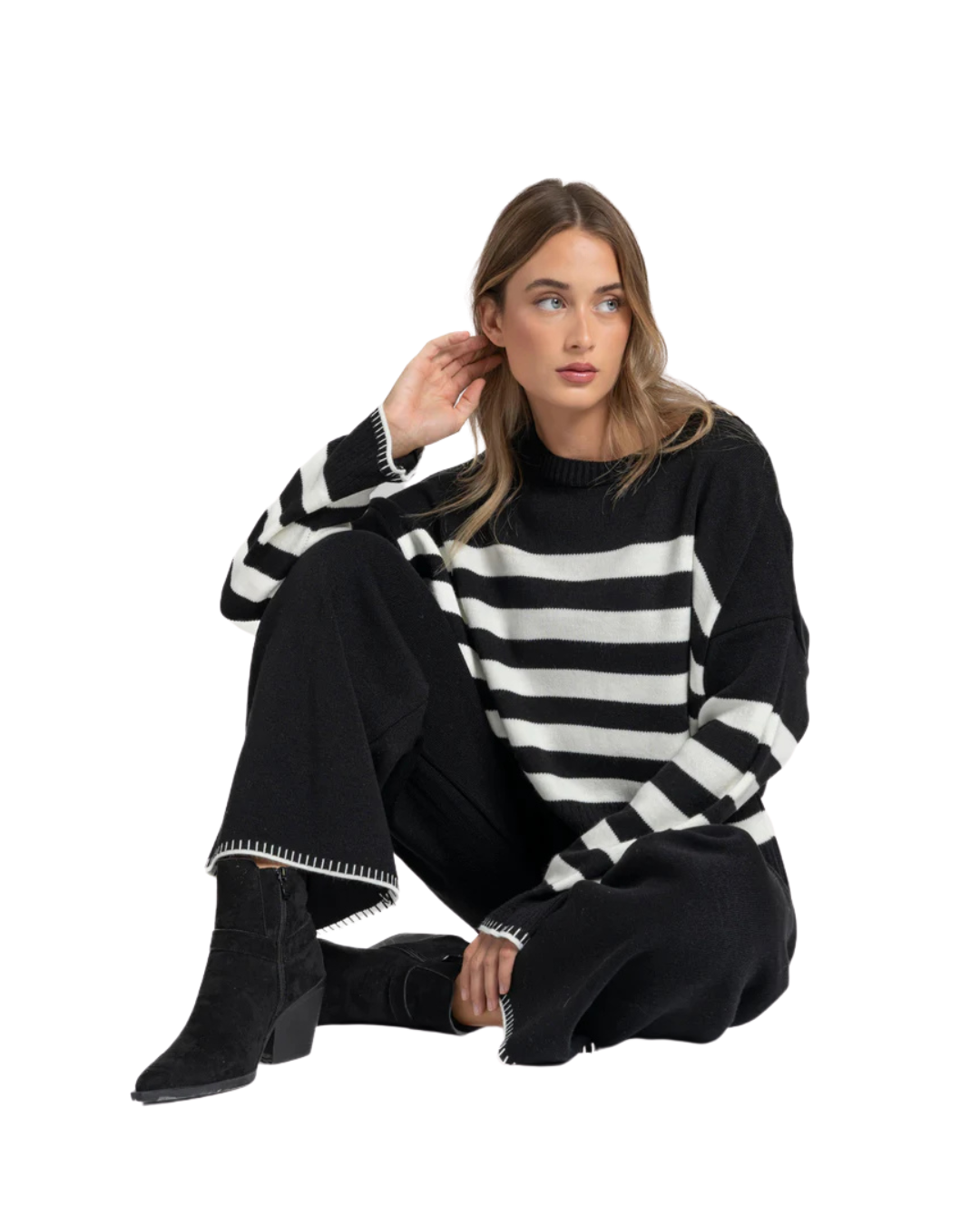 Conjunto de punto suave con rayas para mujer