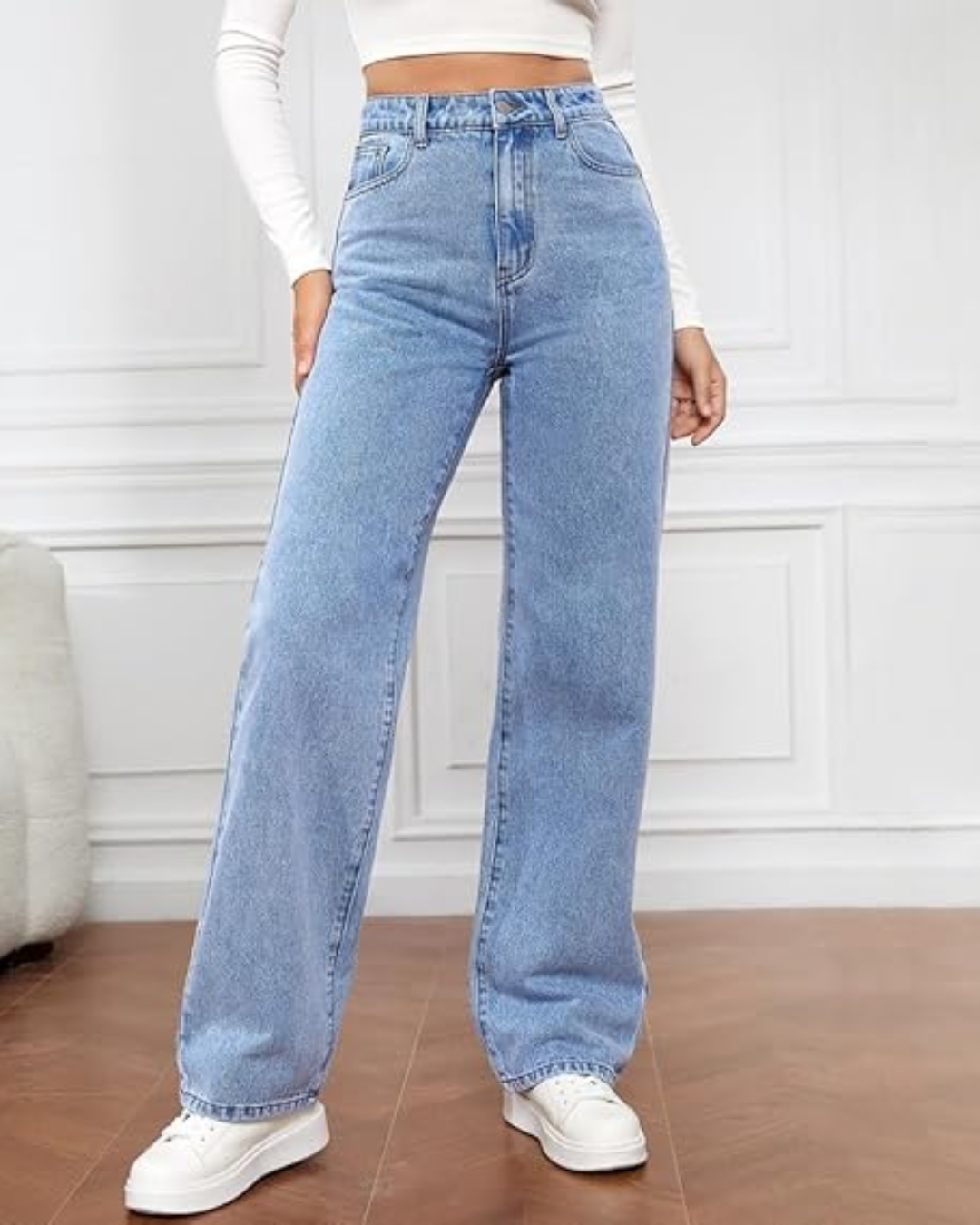 Pantalones elásticos de mezclilla con cintura alta y pierna ancha para mujer®