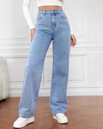 Pantalones elásticos de mezclilla con cintura alta y pierna ancha para mujer®