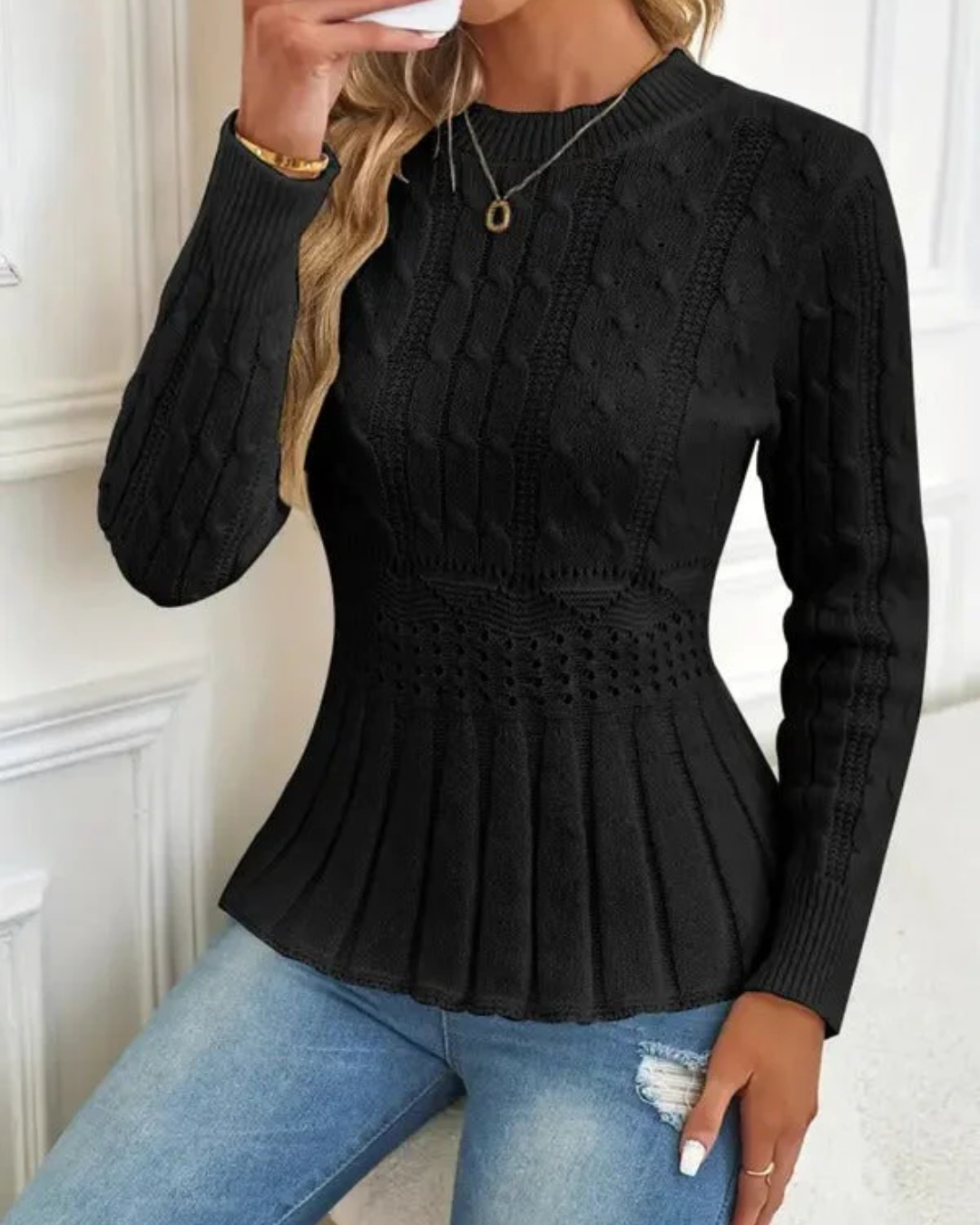 Jersey de punto grueso con cuello redondo para mujer