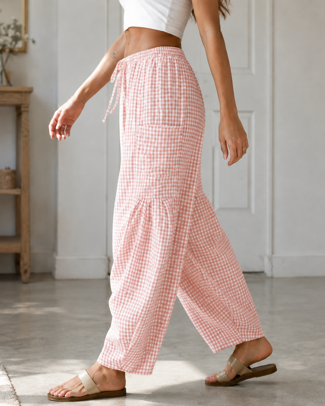 Pantalón Bombacho de Cuadros con Cintura Ajustable