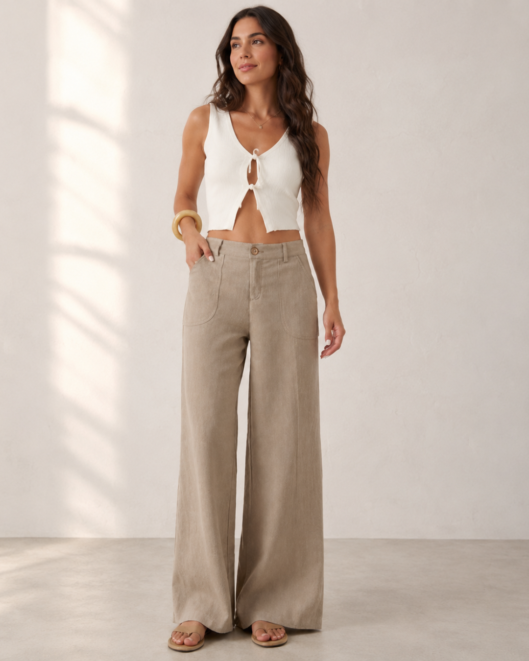 Pantalón Palazzo de Lino con Bolsillos