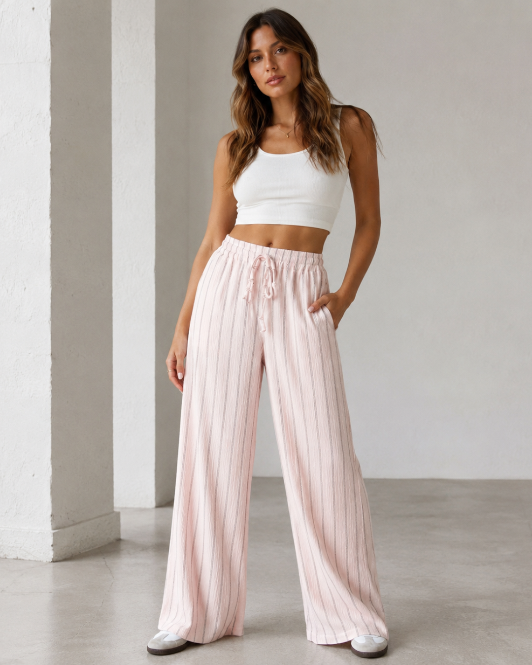 Pantalón Palazzo de Rayas con Cintura Ajustable
