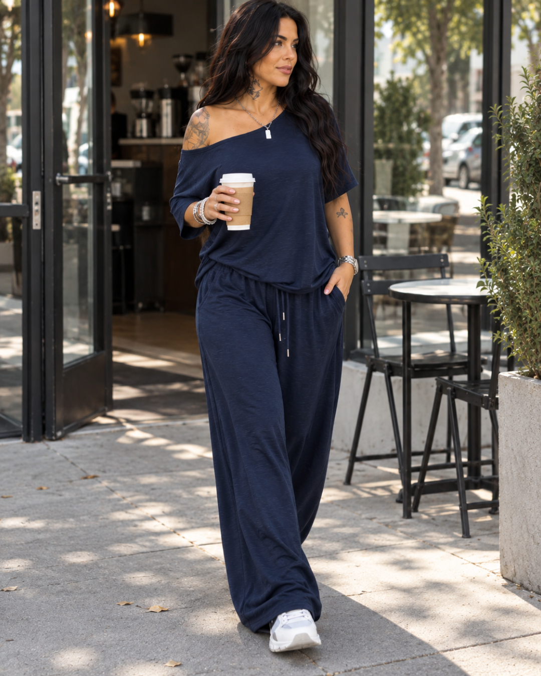Conjunto Fluido de Hombro Descubierto y Pantalón de Pierna Ancha®