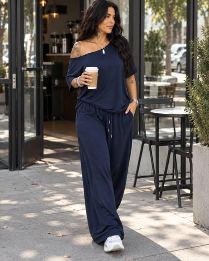 Conjunto Fluido de Hombro Descubierto y Pantalón de Pierna Ancha®