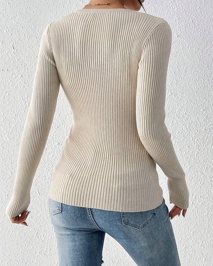 Top de Punto Acanalado de Manga Larga con Escote en V para Mujer®