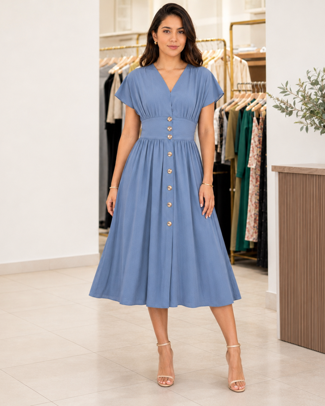 Vestido midi con cintura fruncida®