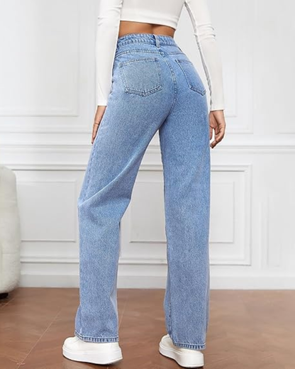 Pantalones elásticos de mezclilla con cintura alta y pierna ancha para mujer®