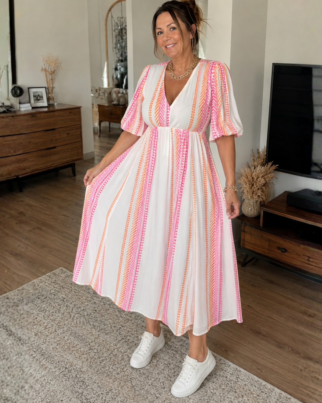 Vestido Estampado de Temporada con Cuello en V