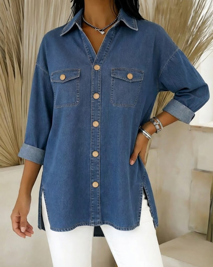 Camisa de Mezclilla con Corte Holgado y Manga Larga Para Mujer®