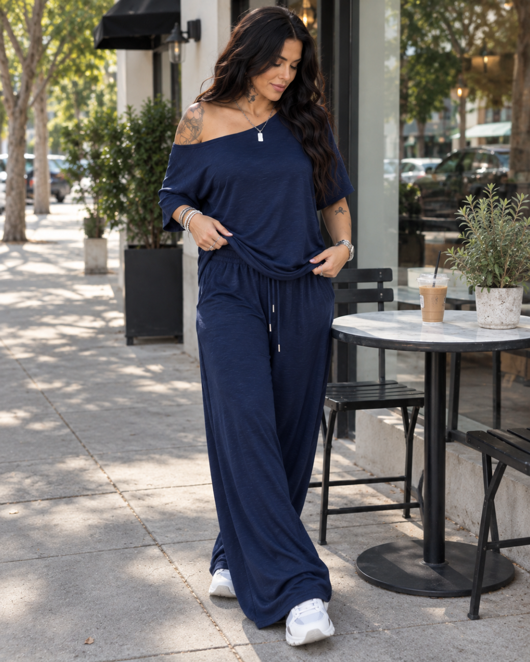 Conjunto Fluido de Hombro Descubierto y Pantalón de Pierna Ancha®