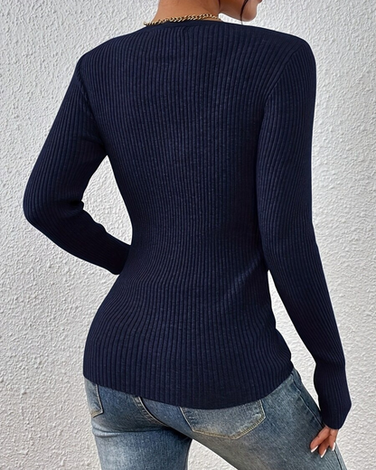 Top de Punto Acanalado de Manga Larga con Escote en V para Mujer®
