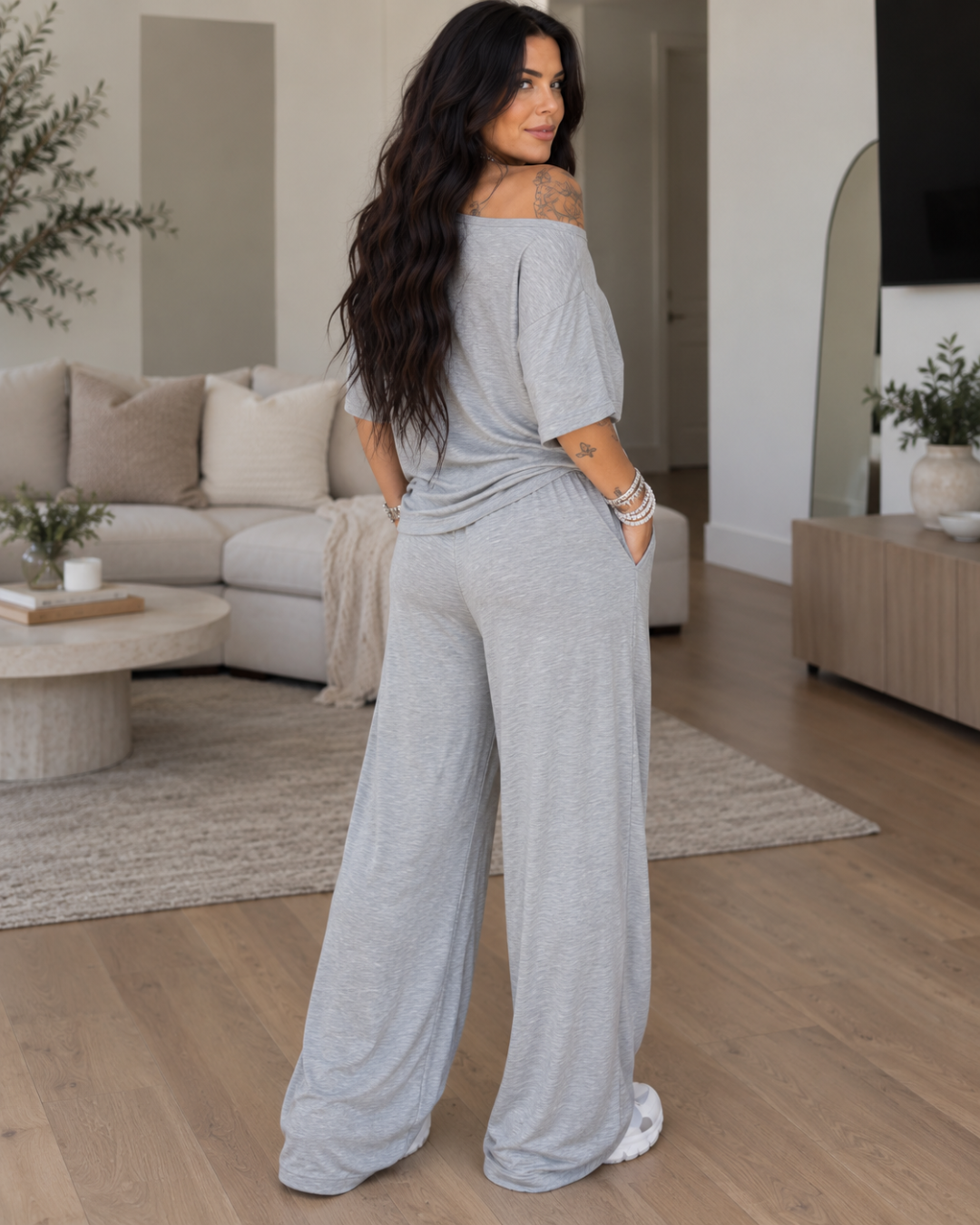 Conjunto Fluido de Hombro Descubierto y Pantalón de Pierna Ancha®