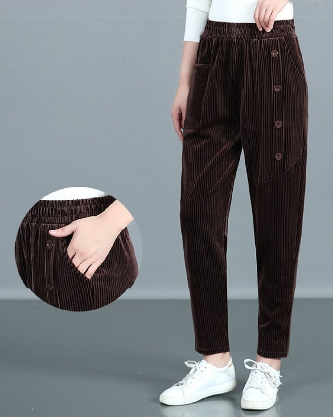 Pantalones de Terciopelo con Botones Decorativos para mujer