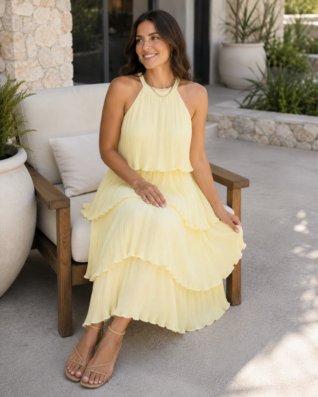 Vestido Midi Plegado con Cuello Halter®