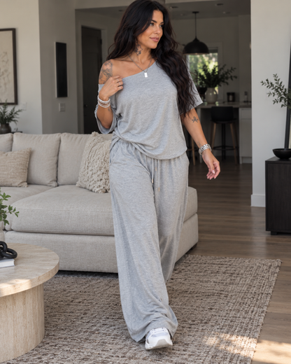 Conjunto Fluido de Hombro Descubierto y Pantalón de Pierna Ancha®