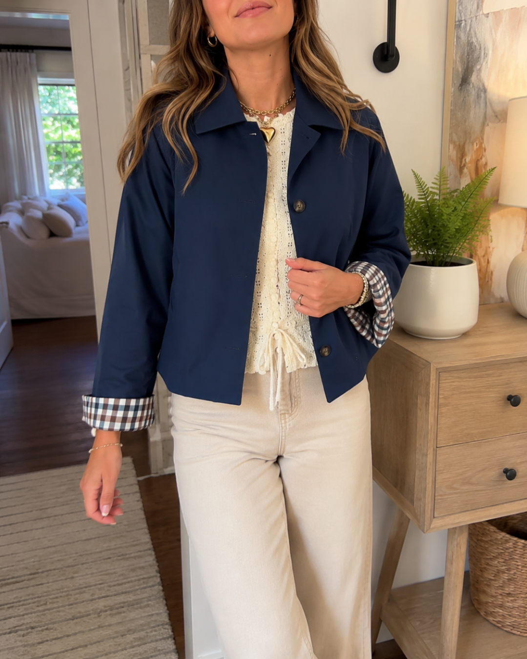 Chaqueta Corta Casual Elegante con Puños de Cuadros