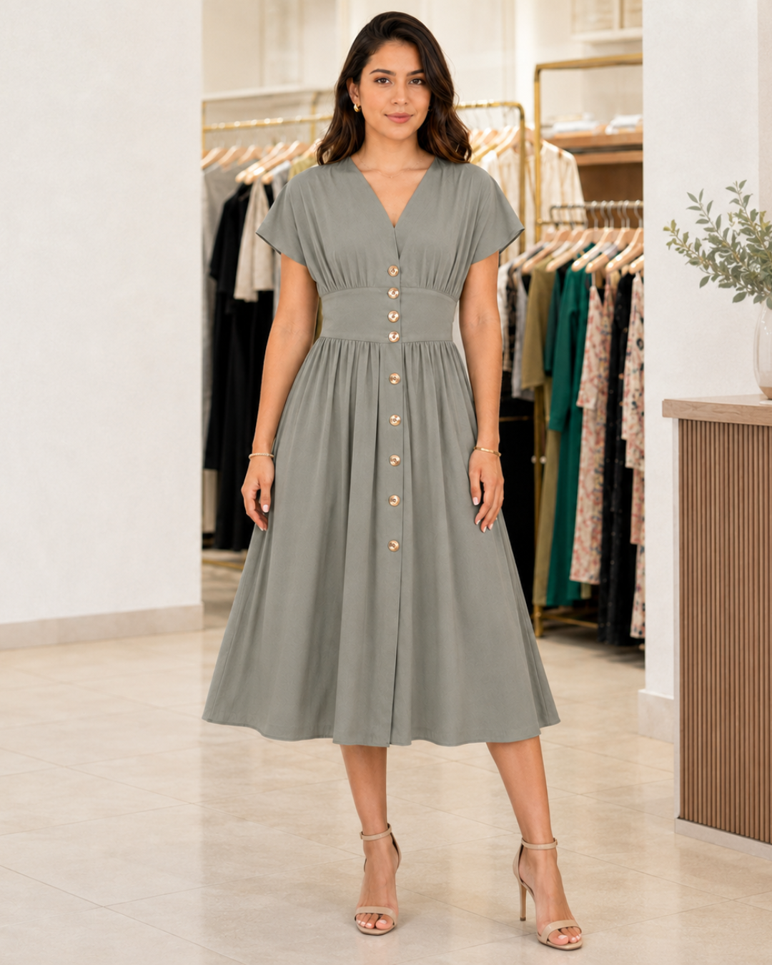 Vestido midi con cintura fruncida®