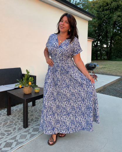 Vestido Largo Estampado con Cintura Elástica y Escote en V