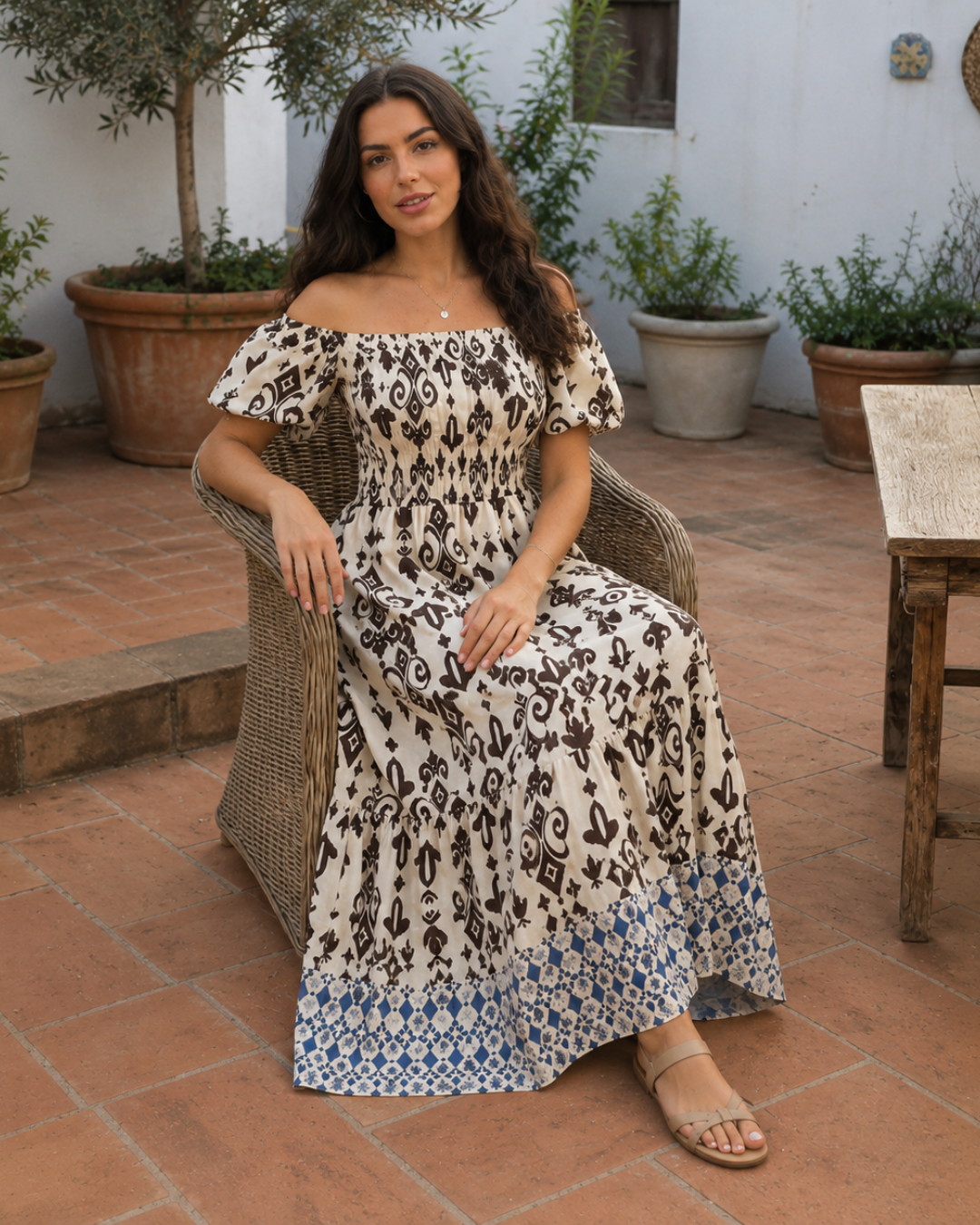 Vestido Largo Estampado con Escote Bardot®
