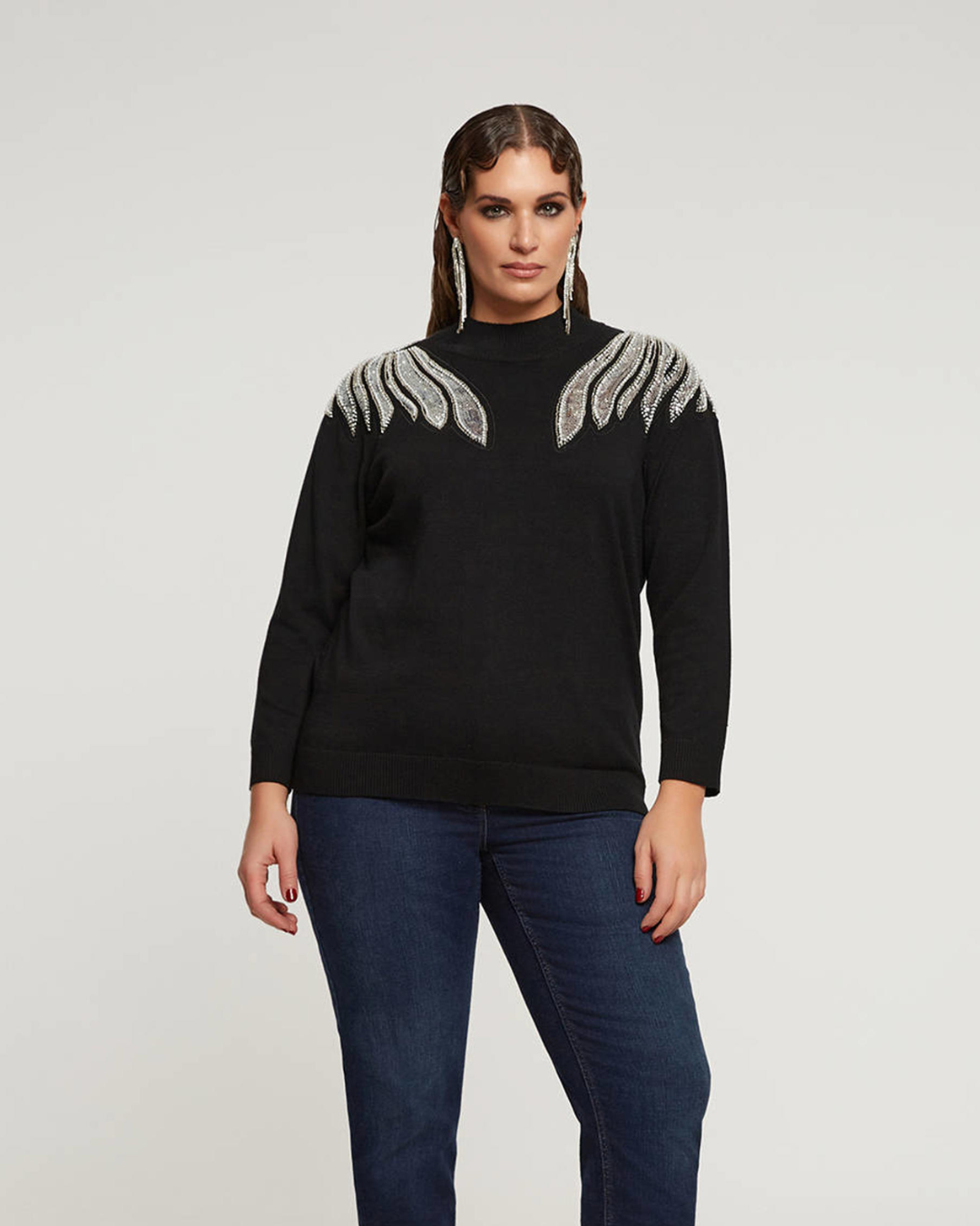 Jersey de Punto de Cuello Alto con Aplicación Brillante en los Hombros para Mujer®
