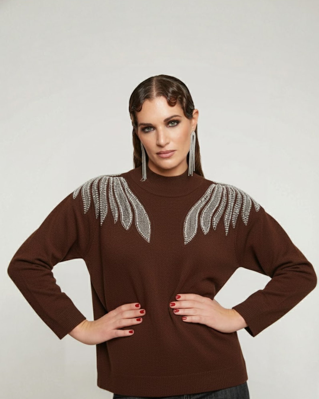 Jersey de Punto de Cuello Alto con Aplicación Brillante en los Hombros para Mujer®